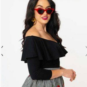 NWT Unique Vintage Black Off Shoulder Ruffle Bisou Top